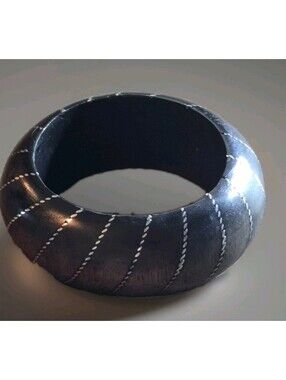 Thick Wooden Black Bangle Cuff Bracelet Wood Black With Diagonal Design Lines 8"